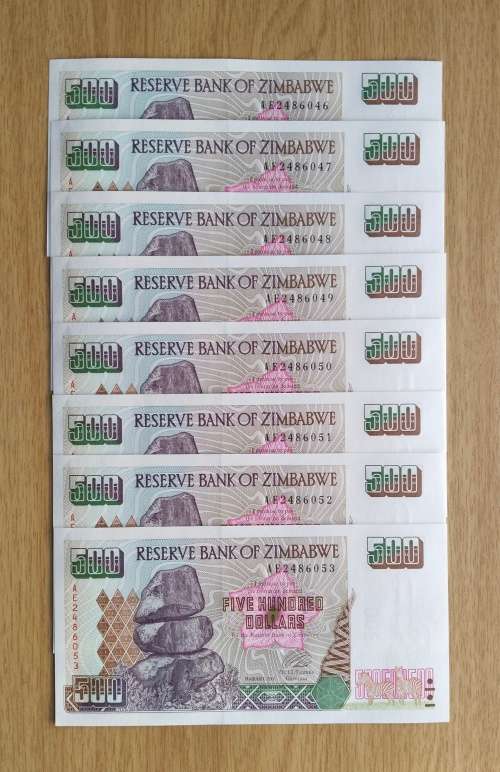 Zimbabwe 8 UNC Consecutive number Five Hundred Dollars. (046-053)