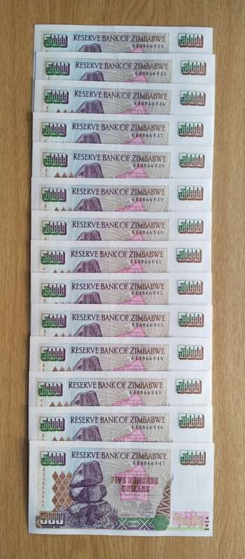 Zimbabwe 14 UNC Consecutive number Five Hundred Dollars. (834-847)