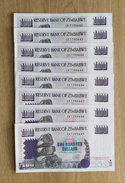 Zimbabwe 8 UNC Consecutive number One Hundred Dollars Bank Notes. (642-649)