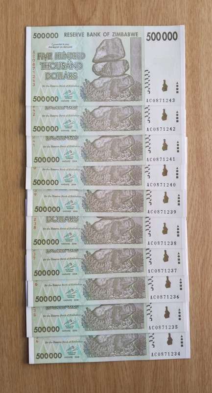 Zimbabwe 10 UNC Consecutive number Five Hundred Thousand Dollars Bank Notes. (234-243)
