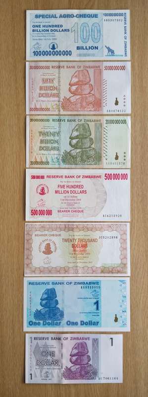Zimbabwe Collection of 7 UNC Different Denomination Bank Notes.