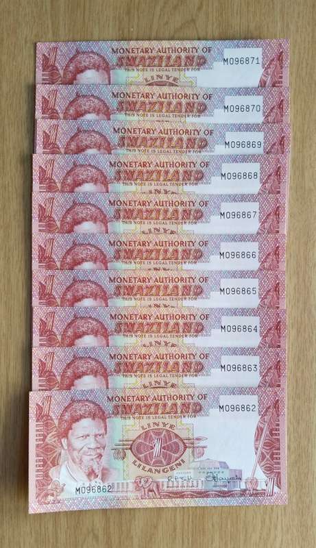Swaziland 10 UNC Consecutive number 1 Emalangeni Bank Notes. (862-871)