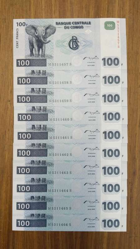 Congo 10 UNC Consecutive number Hundred Francs Bank Notes. (457-466)