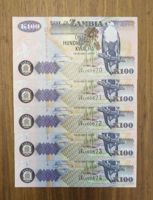 Zambia 5 UNC Consecutive number One Hundred Kwacha Bank Notes. (670-674)