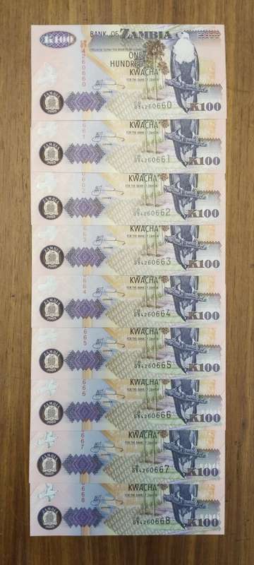Zambia 9 UNC Consecutive number One Hundred Kwacha Bank Notes. (660-669)