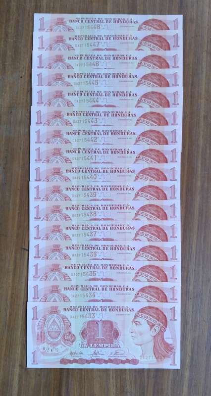 Honduras Central America 16 UNC Consecutive number 1 Lempira Bank Notes. (433-448)