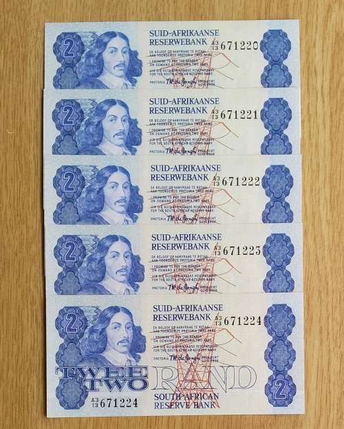 South Africa 5 UNC Consecutive number De Jong R2 Bank Notes. (220-224)