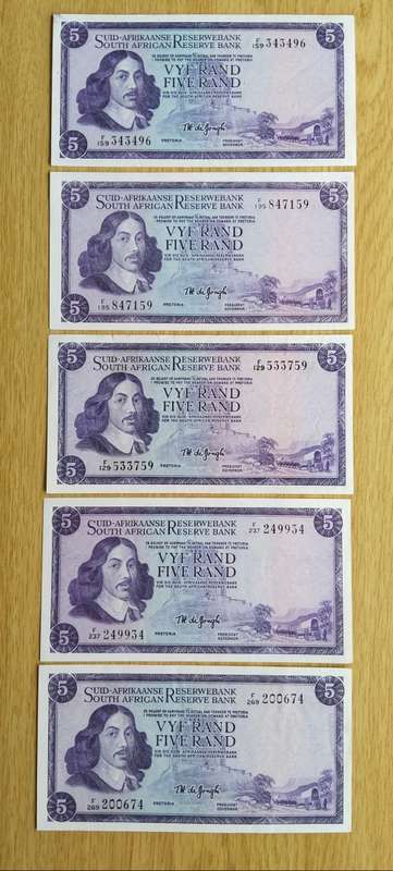 South Africa 5 UNC/AUNC de Jongh R5 Bank Notes.