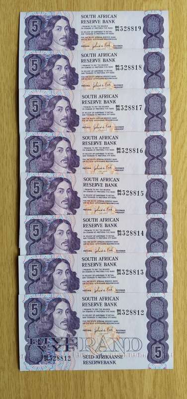 South Africa 8 UNC Consecutive number de Kock R5 Bank Notes. (812-819)