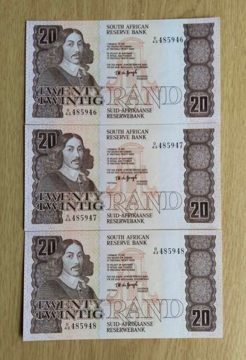 South Africa 3 UNC Consecutive number de Jongh R20 Bank Notes. (946-948)