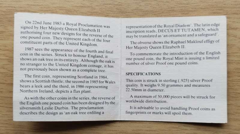 Great Britain Silver Proof 1987 One Pound With Certificate.
