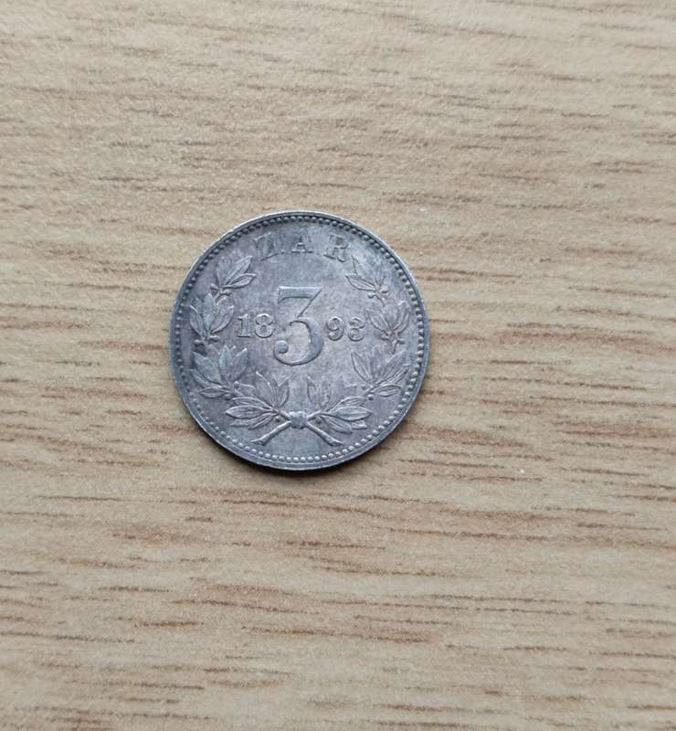 ZAR Paul Kruger 1893 Silver Threepence. Good Condition.