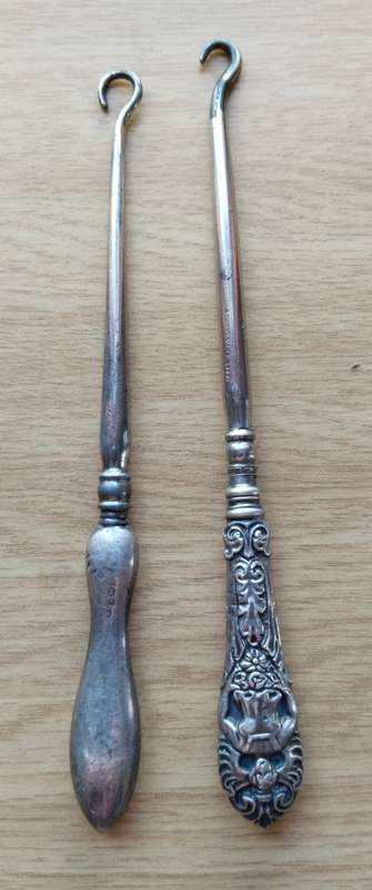 Vintage collection of button hooks / lace puller with hallmark Silver handles that