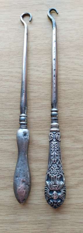Vintage collection of button hooks / lace puller with hallmark Silver handles that