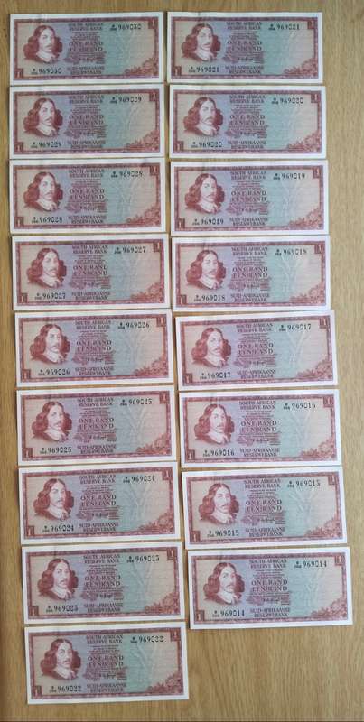 South Africa de Jongh 17 Consecutive number R1 Bank Notes. (014-030)