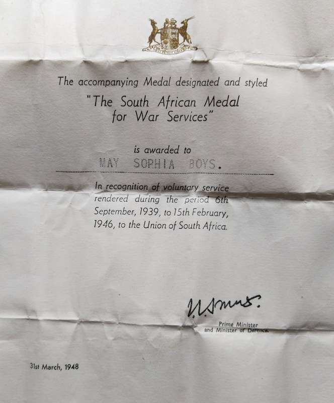 WW11 South Africa 1939-1945 Silver War Service Medal Awarded to MAY SOPHIA BOYS