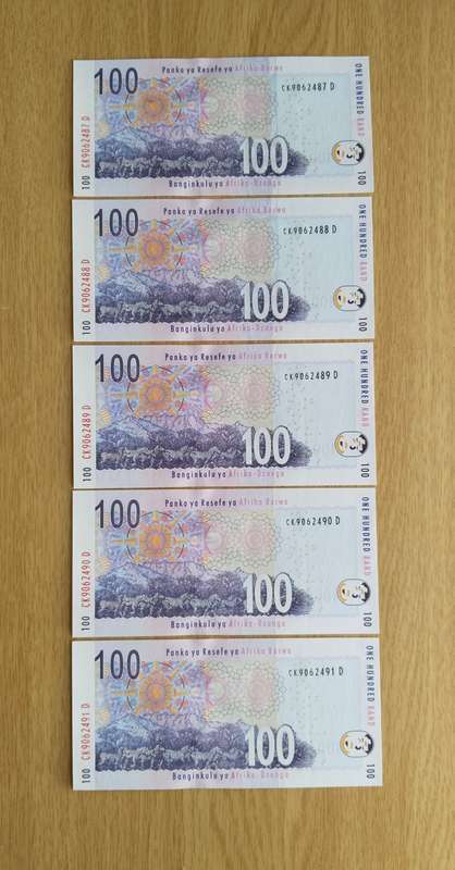 South Africa Gill Marcus 5 Consecutive Number R100 Bank Notes (487-491)