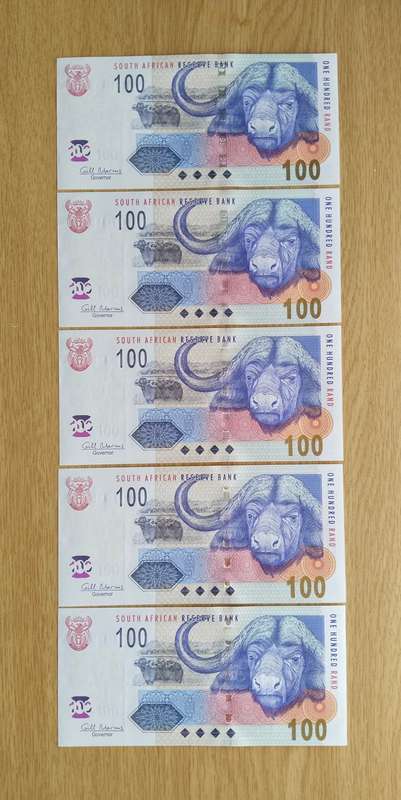 South Africa Gill Marcus 5 Consecutive Number R100 Bank Notes (487-491)