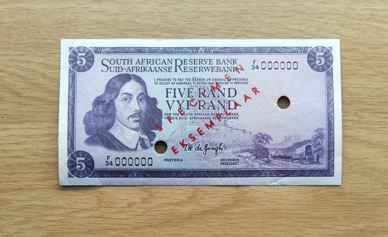 Specimen South Africa de Jongh old R5 bank note. Rare.