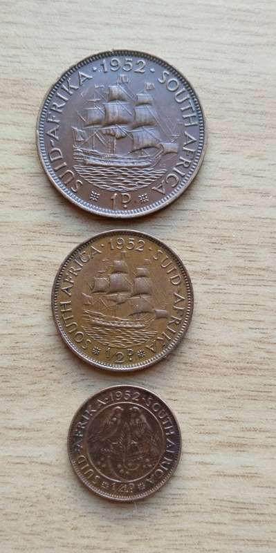 South Africa 1952 Penny, half Penny and quarter Penny.