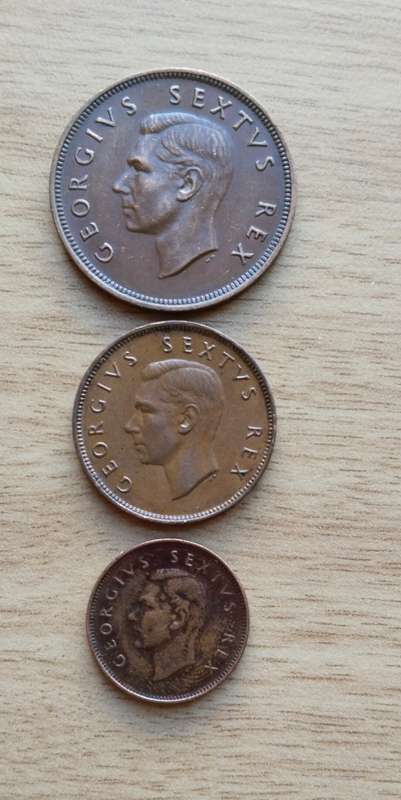 South Africa 1952 Penny, half Penny and quarter Penny.