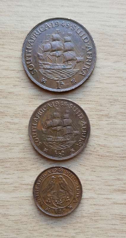South Africa 1949 Penny, Half Penny and quarter Penny.