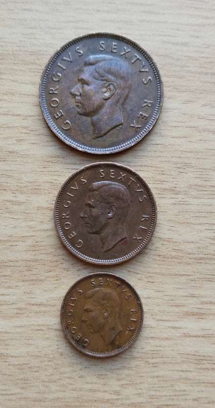 South Africa 1949 Penny, Half Penny and quarter Penny.