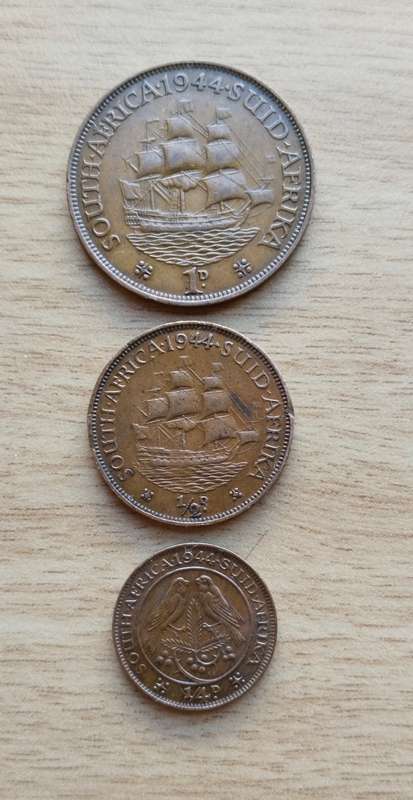 South Africa 1944 Penny, Half Penny and Quarter Penny.