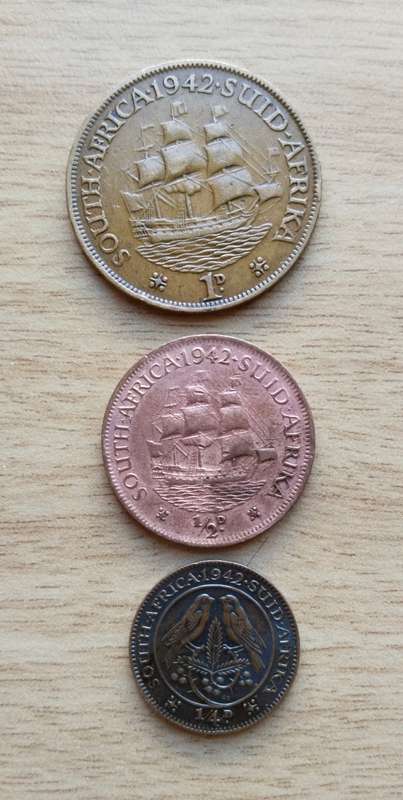 South Africa 1942 Penny, Half Penny and Quarter Penny.