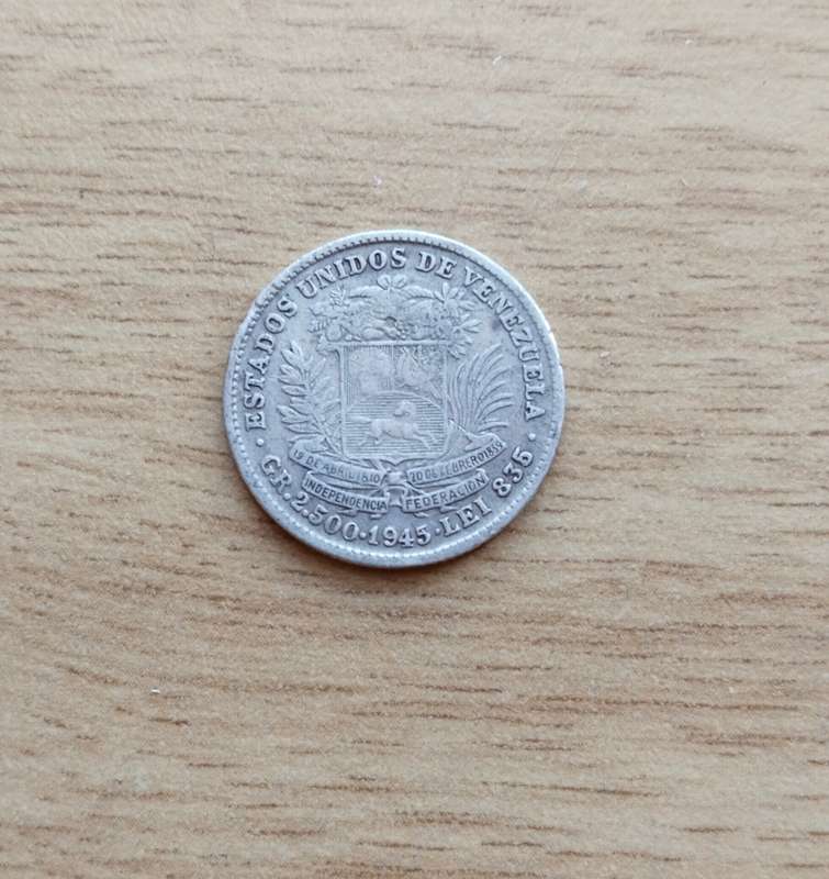 Venezuela 1945 Silver 5 Bolivares