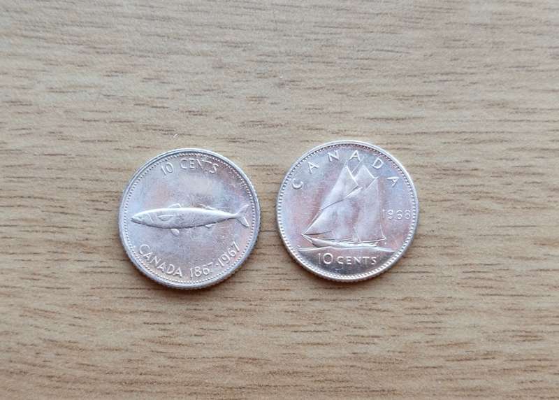 Canada 1967 and 1968 Silver 10 Cents. Good condition.