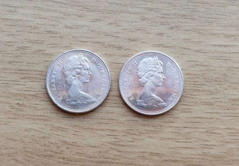 Canada 1967 and 1968 Silver 10 Cents. Good condition.