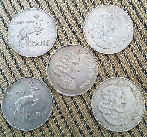 Silver 1966 one Rands x 5 south Africa coins