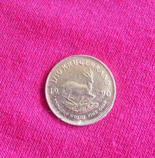 one tenth gold Kruger rand 3.4 grams of 22 ct gold. 1990