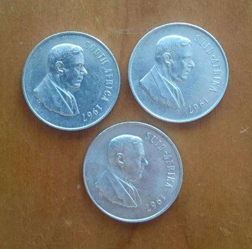 South Africa 80 % silver one rand coin x 3 all dated 1967.