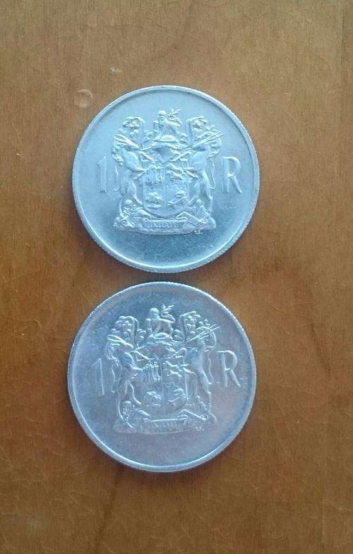 South Africa 80% silver one rand coins x 2 both dated 1969.