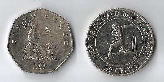 COLLECTABLE  20C SIR DONALD BRADMAN  & 1997 ELIZABETH 50 PENCE COINS