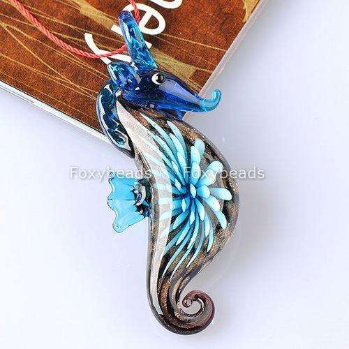 blue beautifully patterned glass lampwork seahorse pendant hippocampus