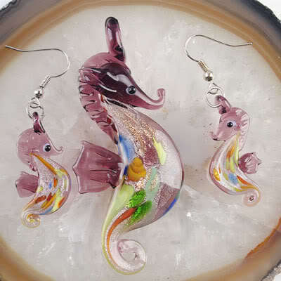 purple lilac dichroic glass lampwork seahorse pendant and earings