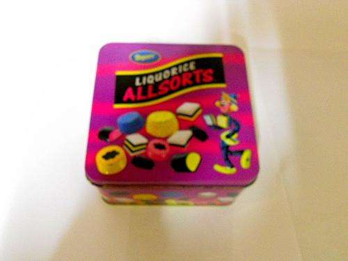 Original Beacon Liquorice Allsorts bright pink square tin