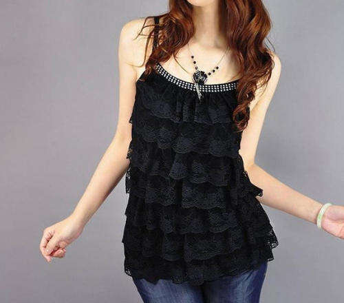 Stunning smart sleeveless vest shirt with 7 lace layers in black and rhinestones around neckline