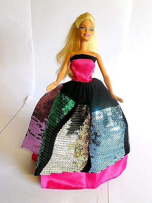 Barbie doll strapless bright pink pretty ball gown decorated with extensive sequence
