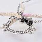 Cute cat Hello Kitty face outline crystal pendant necklace with black bow