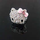 Silver tone Hello Kitty crystal bling ring with cat face & pink bow in silver shiny gift bag
