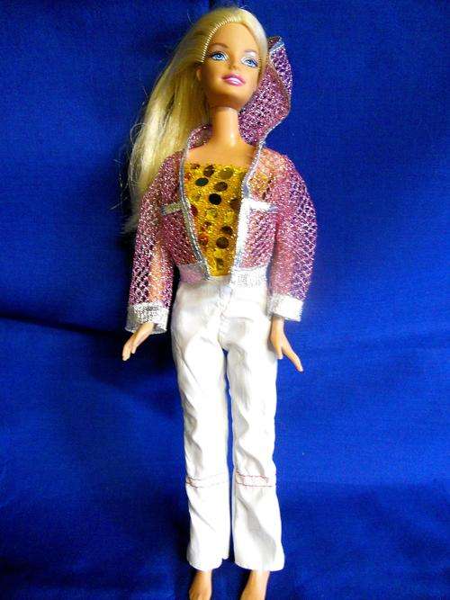Barbie doll sexy outfit, stretch white shiny pants, gold sequence top and purple jacket hoodie