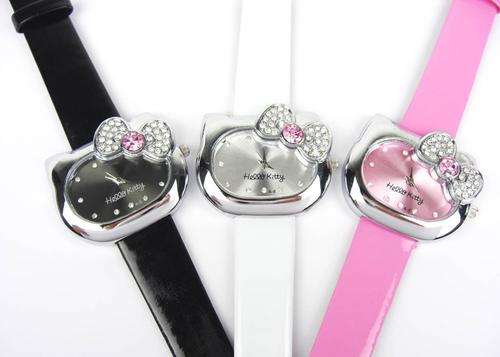 White Hello Kitty face shaped watch with crystal bow
