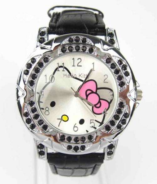 Black ladies, womens Hello Kitty wrist watch with matching swarovski crystals clumped around face