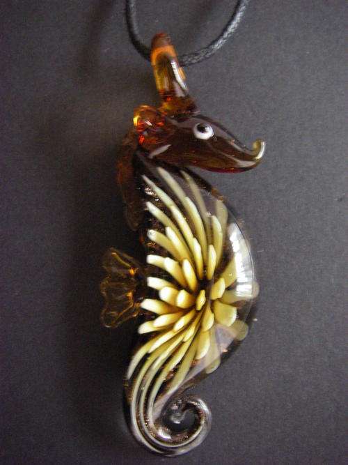 brown & orange seahorse pendant with cream flower murano 3D inlay - stunning colours