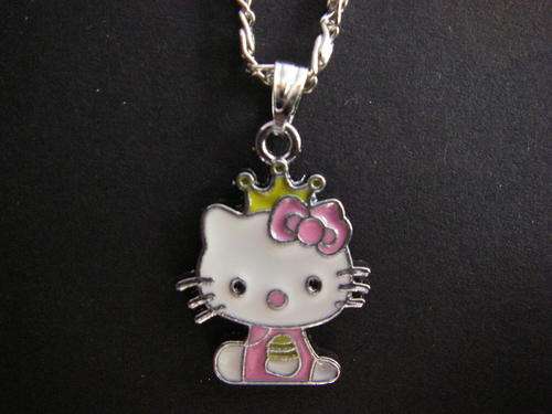 pink hello kitty pendant necklace chain with pink bow & yellow crown