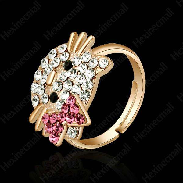 18K Gold GP Cute Cat Face Hello Kitty Ring Swarovski crystal with gold round gift box
